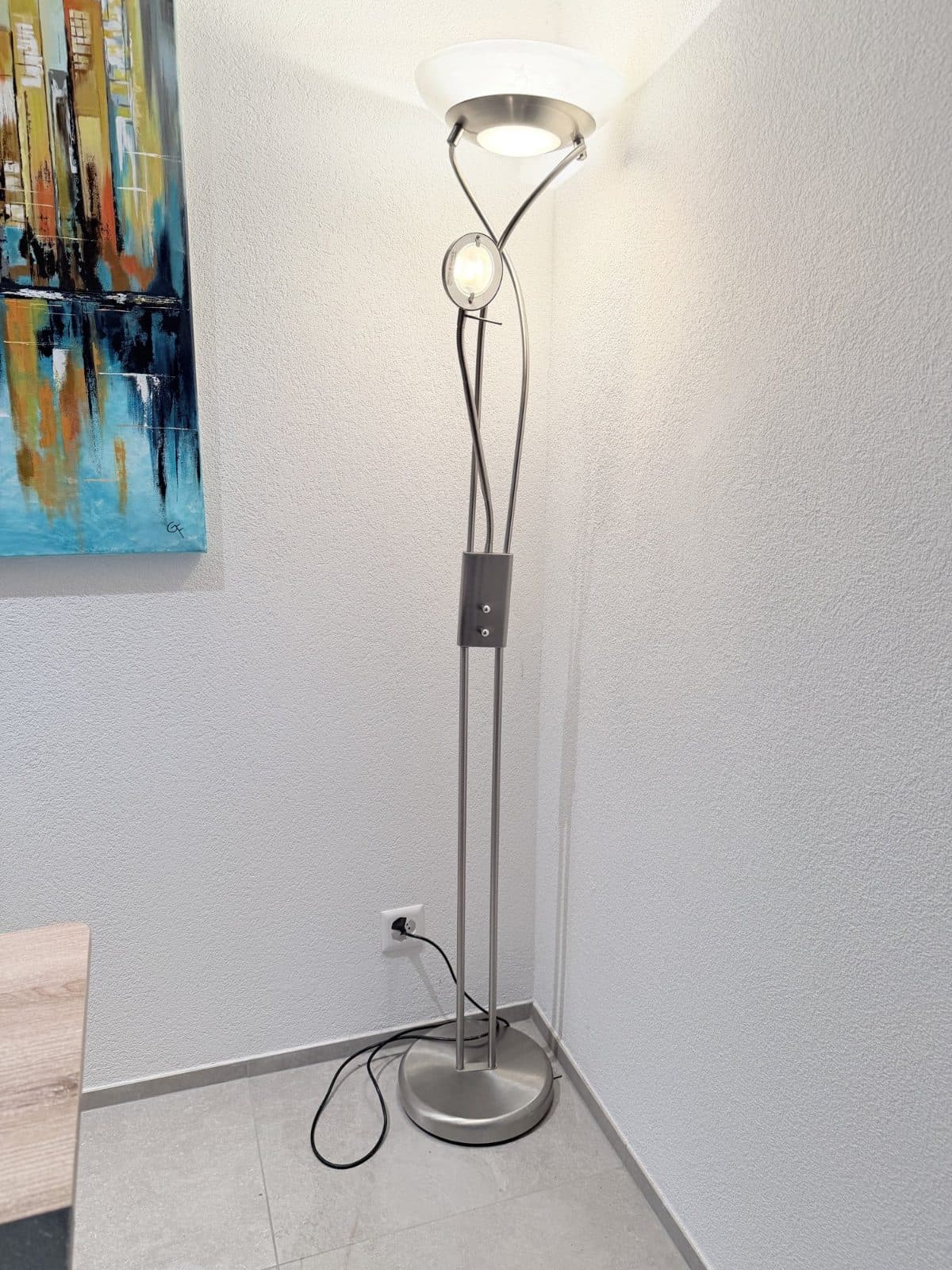 Floor lamp with adjustable reading light, brushed metal