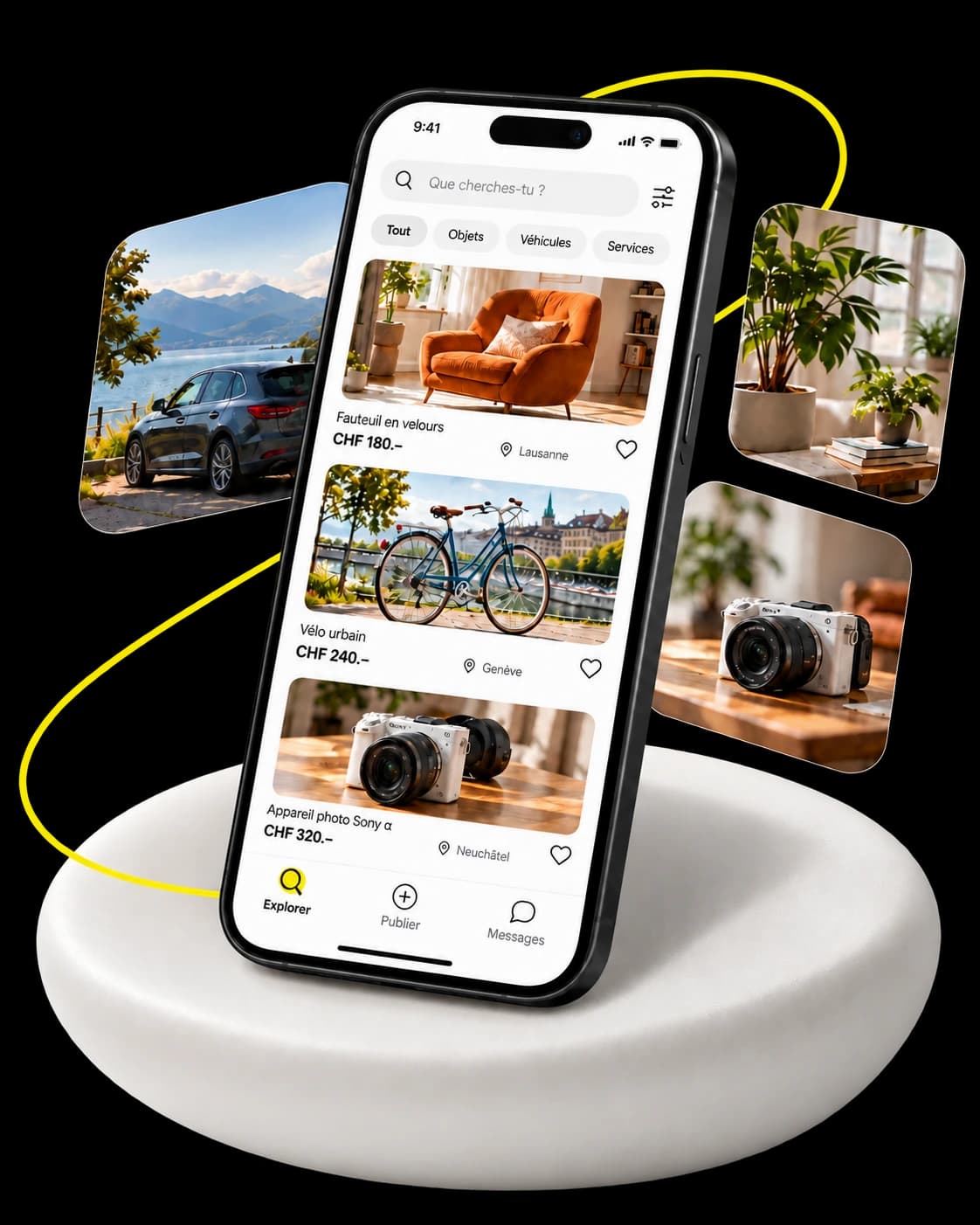 Illustration of the upcoming okazio app: listings for objects, bicycles and vehicles on a smartphone.