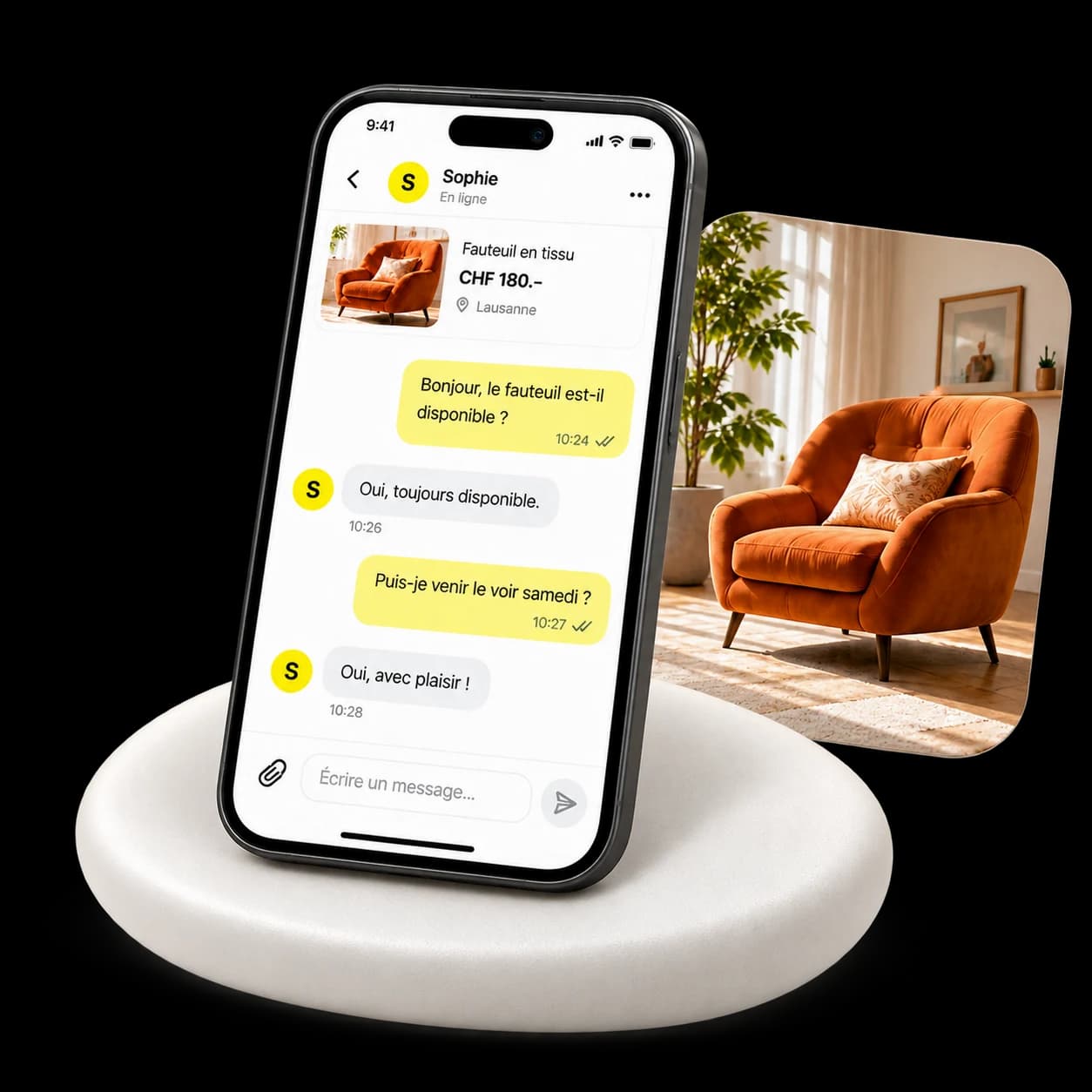 Illustrative messaging preview: an armchair conversation to arrange a viewing.