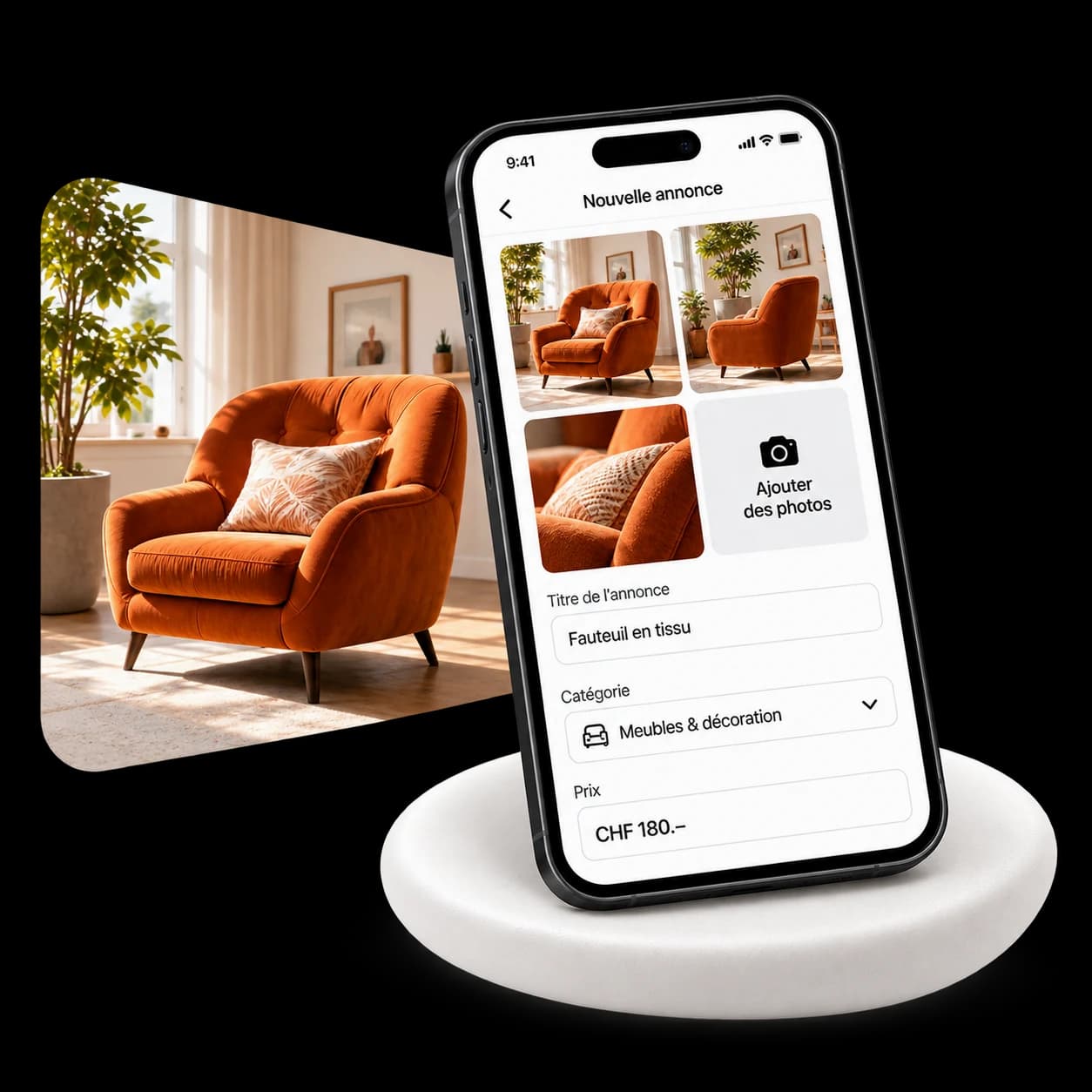 Illustrative listing editor preview: square armchair photos, a category and a price in Swiss francs on a phone.